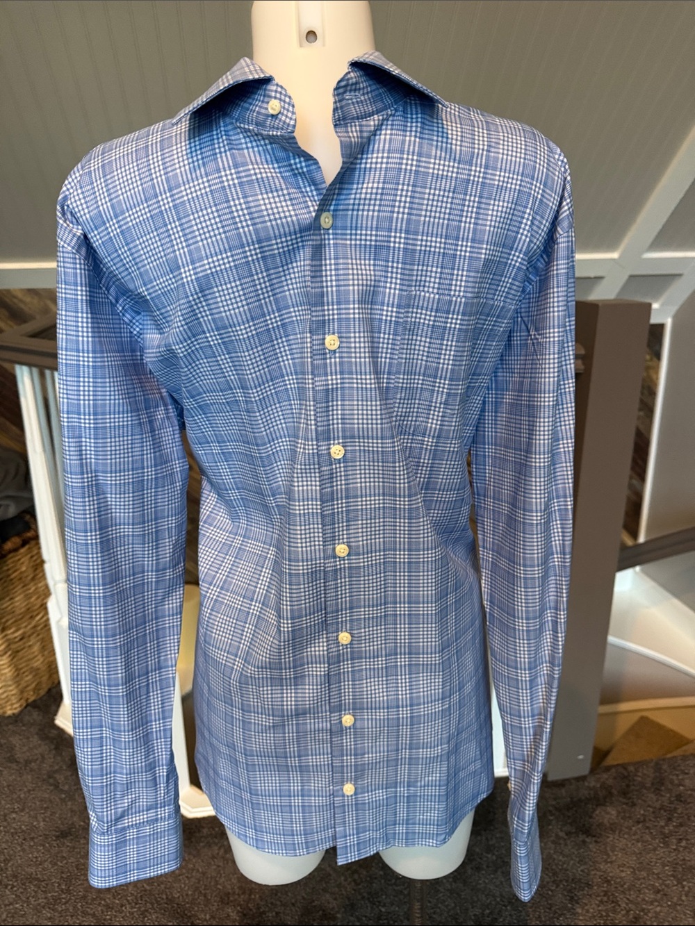 Peter Millar Light Blue and White Plaid Dress Shirt